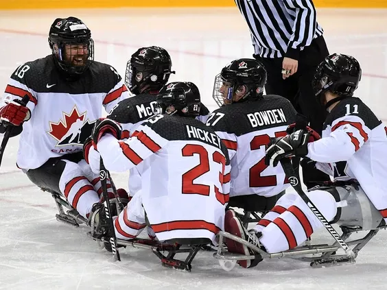 Canada's para hockey team celebrates a goal on their way to defeating the United States 4-1 Thursday, April 20, 2017 to capture a gold medal at the world para hockey championship in Gangenung, South Korea. PHOTO BY SEOKYONG LEE /International Paralympic Committee